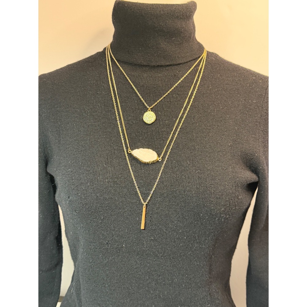 Claire's Gold Tone Triple Layers Necklace Boho Faux Druzy, Bar & Textured Disk